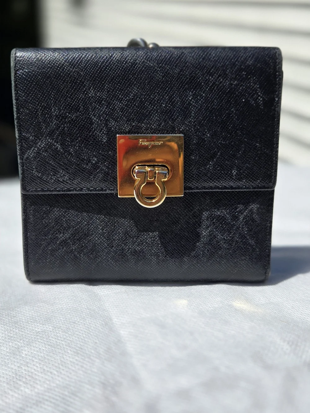 Like NEW Salvatore Ferragamo Women's Navy Kiss Lock  Tri-Fold Wallet